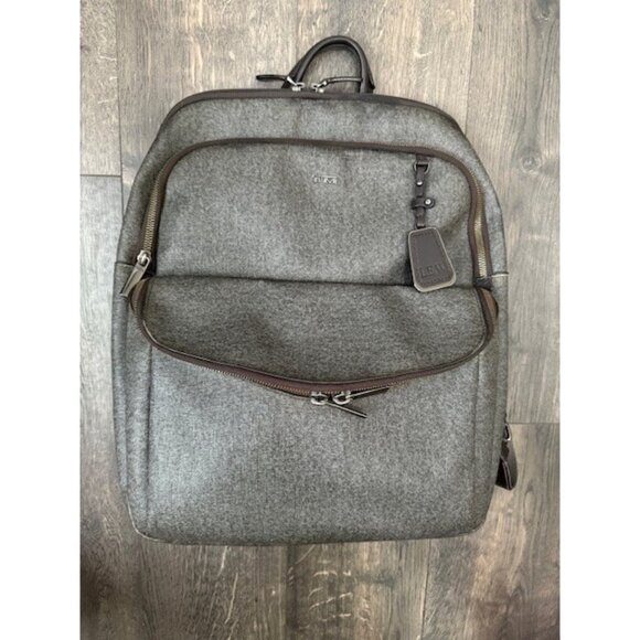 Tumi Sinclair Hanne Backpack Earl Grey Textured Canvas Leather Trim Brown Zipper - Picture 2 of 16